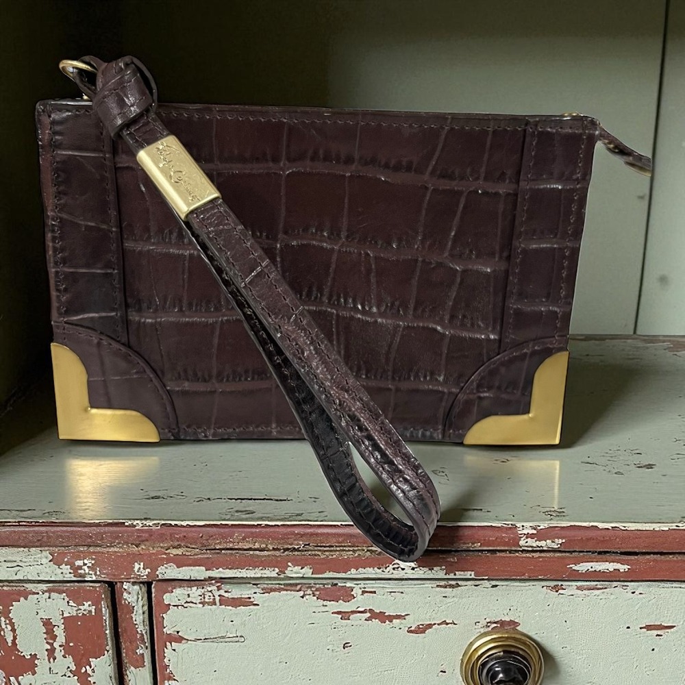 Foley + Corinna‎ Brown Croc Embossed Clutch Wristlet Gold Hardware Designer